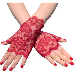 Women's Fancy Wrist Wine Red Short Lace Half Fingerless Gloves Wedding Party Tea